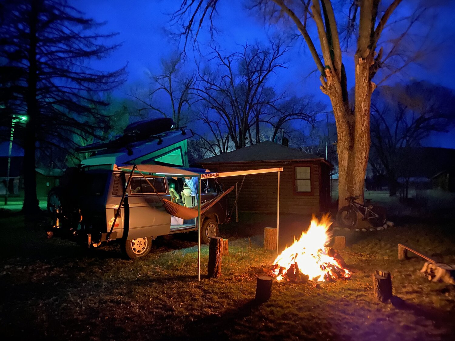 camper van and campfire